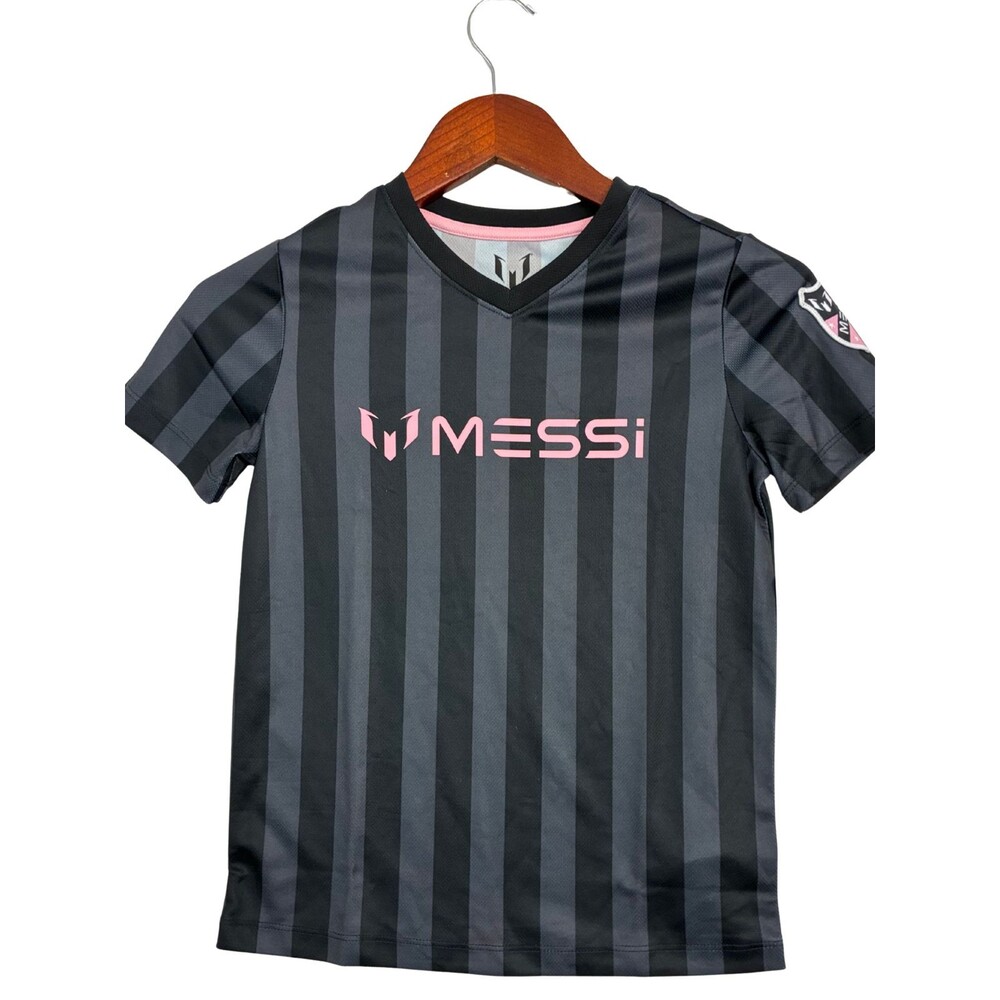 Messi Collection Boys Size 7 Soccer Shirt Black Gray Pink Striped NWT